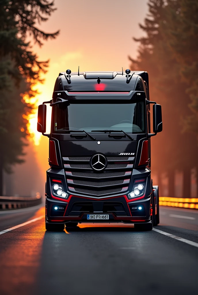 (high quality image, High Definition, 16k, realistic photo) a MERCEDES BENZ ACTROSS type tractor truck, with the characteristics of a lamborghini, aggressive, powerful. The truck is black and RED, big grill, with the acronym "JAC" on the grill. . foreground, ON THE ROAD, sunlight reflecting on the bodywork. wet floor, Water