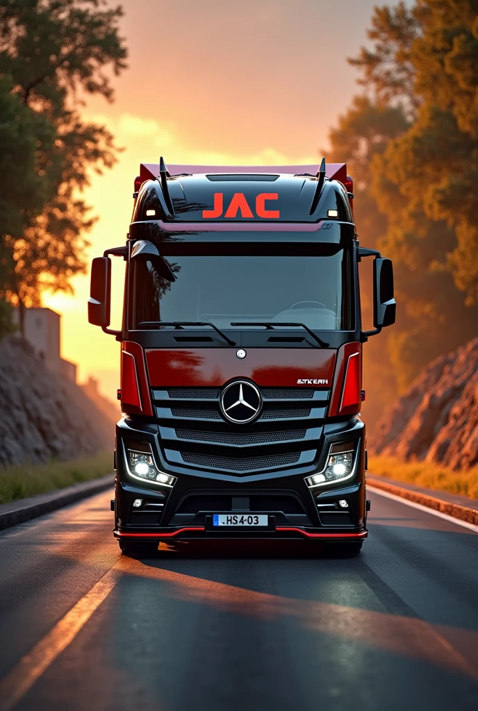 (high quality image, High Definition, 16k, realistic photo) a MERCEDES BENZ ACTROSS type tractor truck, with the characteristics of a lamborghini, aggressive, powerful. The truck is black and RED, big grill, with the acronym "JAC" on the grill. . foreground, ON THE ROAD, sunlight reflecting on the bodywork. wet floor, Water