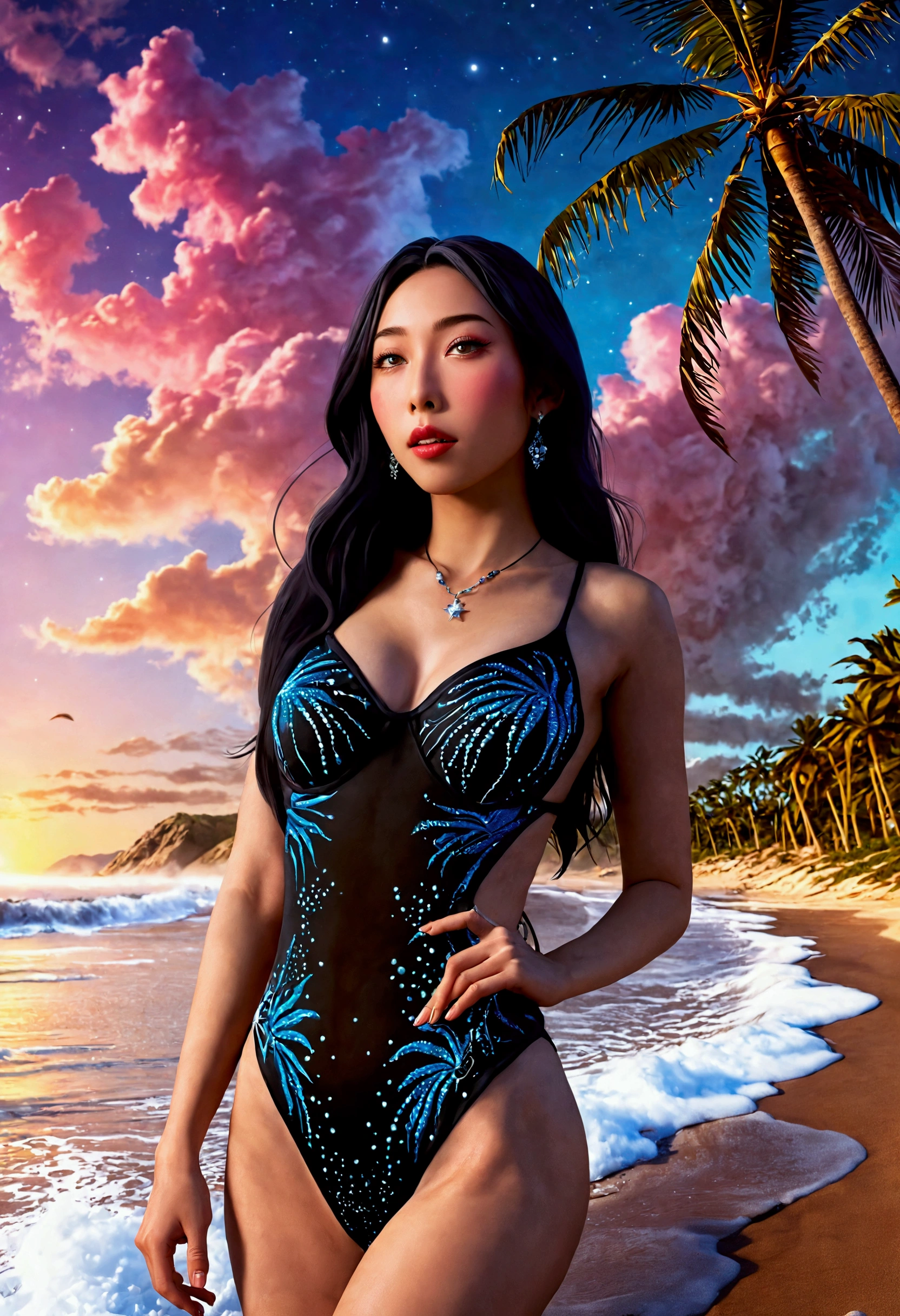 cute Yuna, 25, portraying morticia adams, sexy sultry black swimwear, sultry hip swaing stroll, seductress at the beach, UFO in starry sky, realistic, photorealistic, photo-realistic:1.37, best quality,8k,highres,masterpiece:1.2,ultra-detailed,vivid colors,dynamic lighting,cinematic,volumetric lighting,dramatic lighting,volumetric fog,atmospheric perspective,hyperrealistic skin,extremely detailed facial features,beautiful detailed eyes,beautiful detailed lips,extremely detailed eyes and face,long eyelashes,volumetric clouds,pink and blue gradient sky,crashing waves,sandy beach,palm trees,tropical paradise
