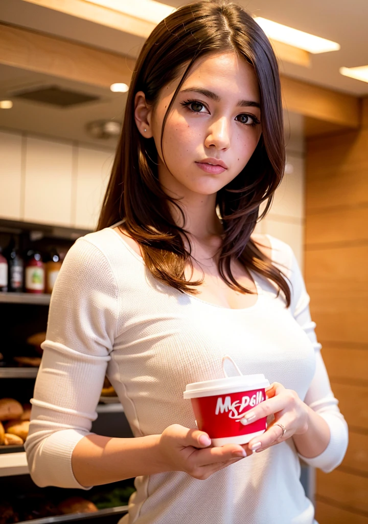 Highest quality, Ultra-high resolution, (Realistic:1.4), One Girl, Fast food restaurants, McDonald&#39;s, Sitting on a chair, (Across the table:1.3), Paper cup on the table, hamburger, French fries, off-the-shoulder white shirt, Black choker, (Faded gray hair:1), (Huge breasts:1.2), View your audience, close ,