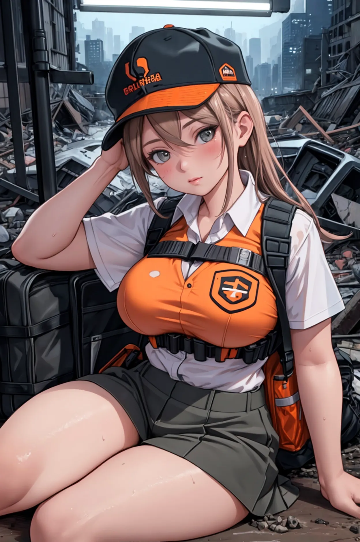 (best quality,8k,ultra detailed,realist,photorealist:1.2), beautiful girl,big breasts,sitting, wearing an orange bulletproof ves...