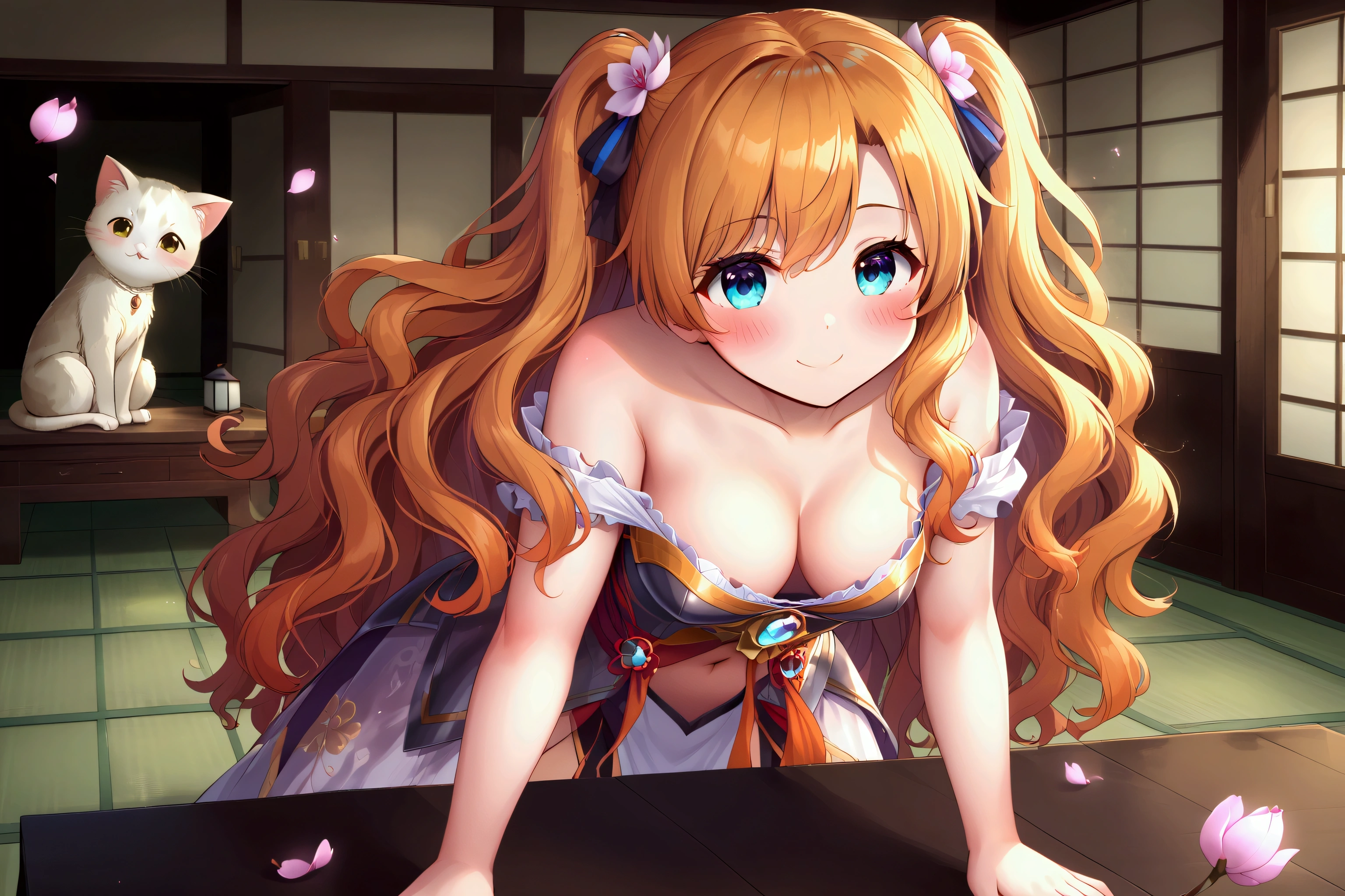 Small girl in frilly goddess dress armor, she sexually appealing, small shiny plump breasts, leaning forward in cute pose, lots of cleavage, shiny orange wavy hair, fine curves, at a dojo, playing with a small cute cat, smiling and blushing, has flower in hair, small coy pond in background, Cherry blossoms, peaceful atmosphere, cleavage is excentuated.