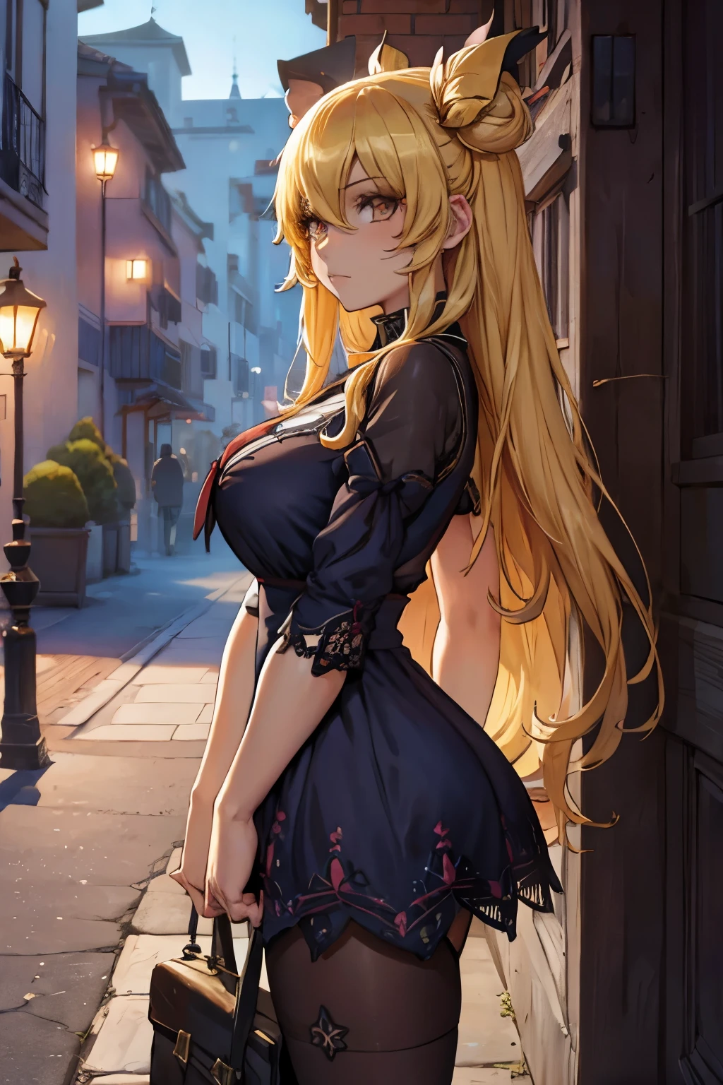 ((haut du personnage)), (((vue de profil))), gros seins, jambes grasses, ((perfect eyes)), (extremely fine and beautiful:1.1), (perfect details:1.1), (finely detailed eyes and detailed face:1.3), ((Mukuro Hoshimiya)), date a live, (beautiful detailed eyes:1.6), street, yellow eyes, very long hair, blonde hair, double bun, hair between eyes, (mukuro hoshimiya dress), pantyhose gris, solo, 1 girl