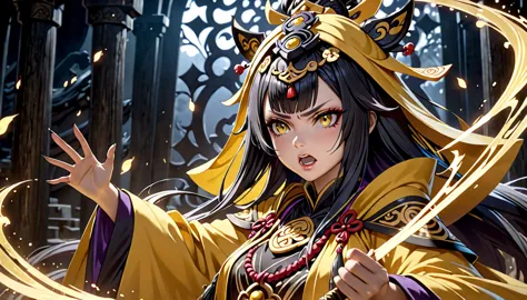 a mystical yellow-robed female onmyoji, intricate black talismans, casting spells, angry expression, detailed facial features, b...