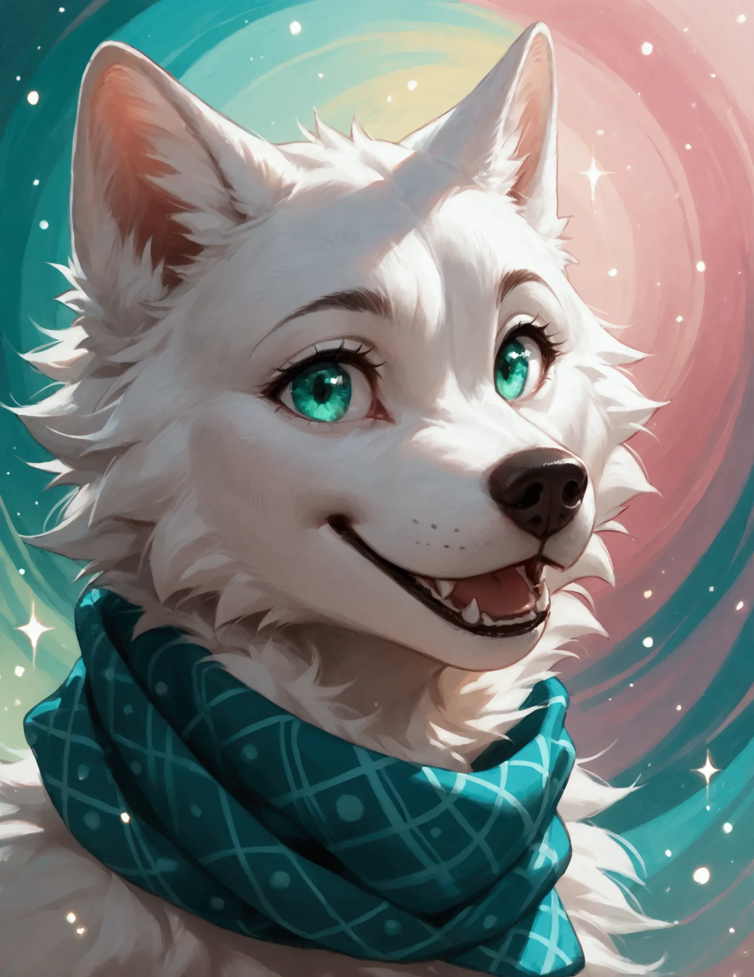 score_9, score_8_up, score_7_up, extreme face close-up, cute white wolf, giant emerald eyes, smiling at the viewer, scarf, abstr...