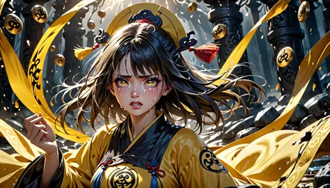 a beautiful girl in a yellow taoist robe, intricate black taoist symbols, holding talismans, defeated in battle, crying with a s...