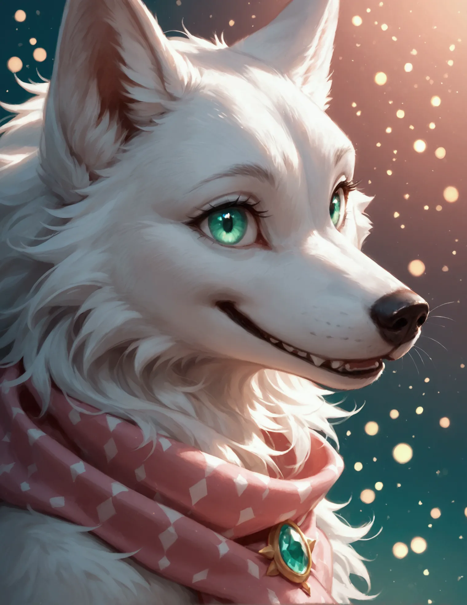 score_9, score_8_up, score_7_up, symmetrical, extreme face close-up, cute white wolf, giant emerald eyes, smiling at the viewer,...