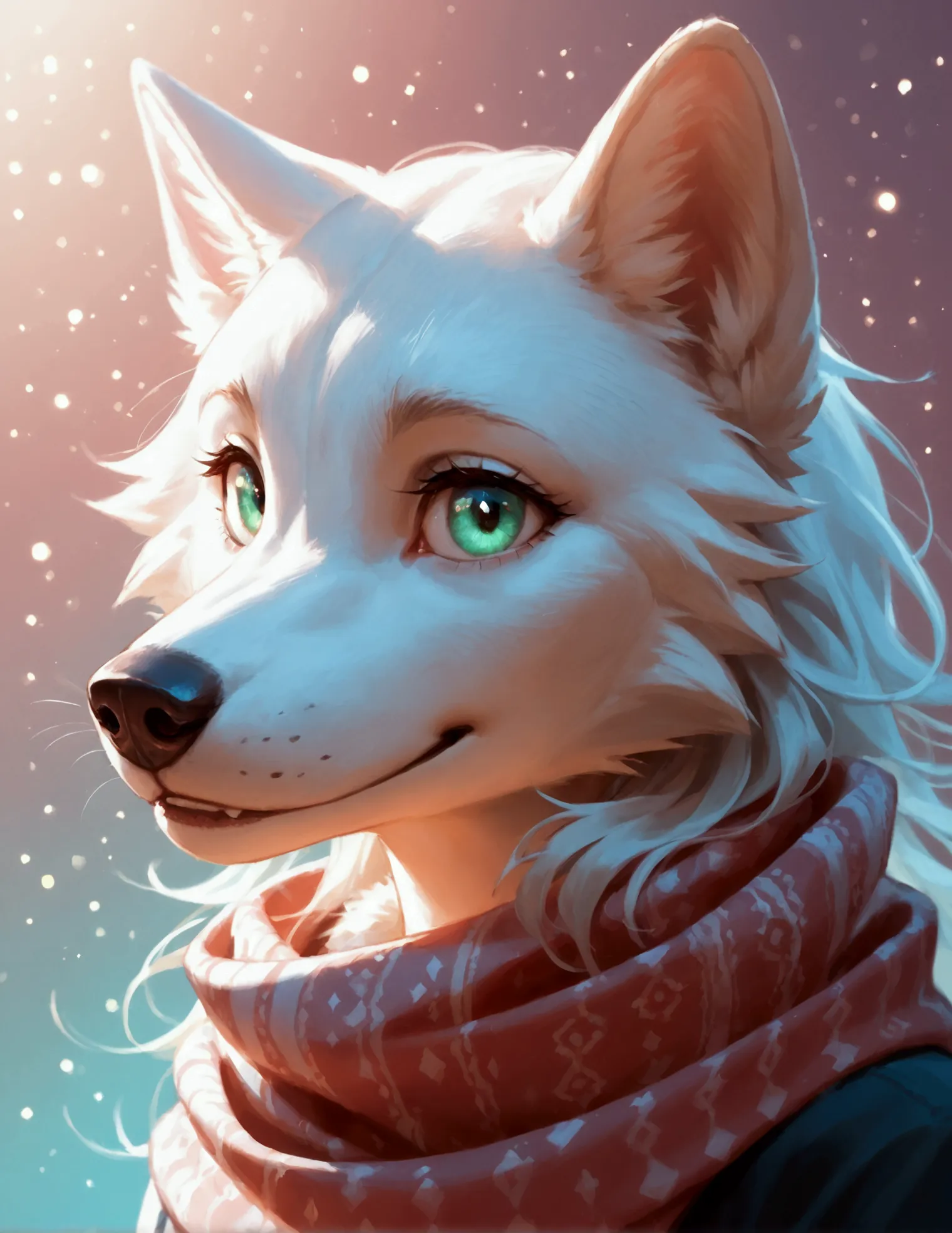 score_9, score_8_up, score_7_up, symmetrical, extreme face close-up, cute white wolf, giant emerald eyes, smiling at the viewer,...