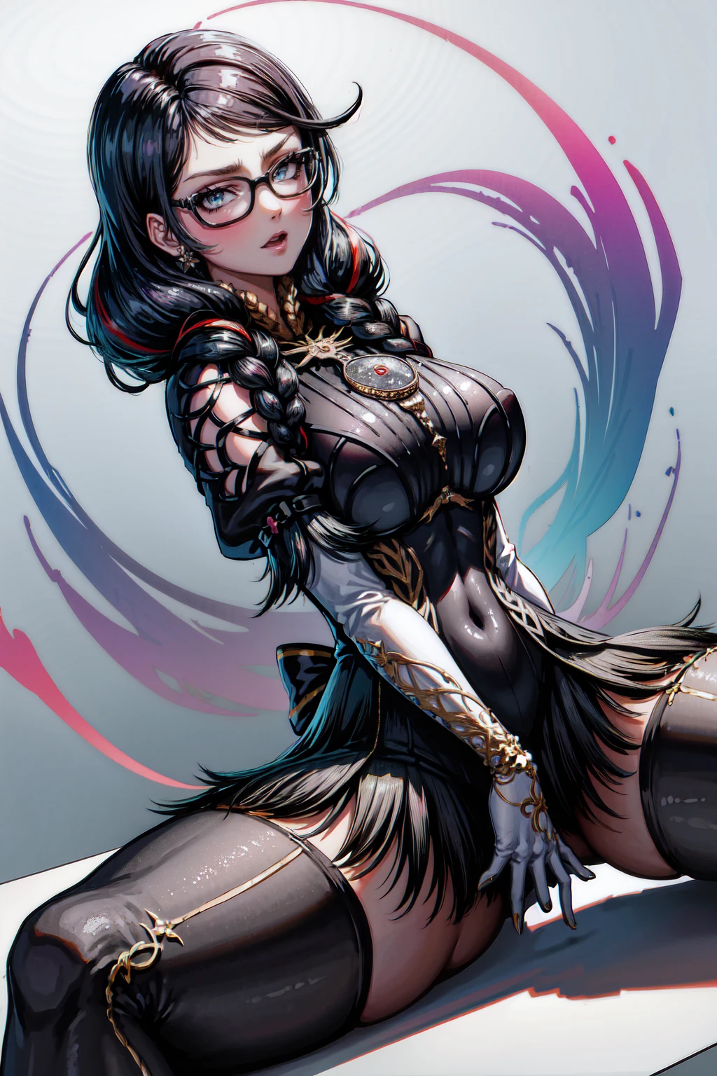 (masterpiece:1.4),(best quality:1.4),(absurdres:1.4),pin-up,bayonetta_3_twintail_aiwaifu,glasses,blue_eyes ,black_hair,long_hair,two-tone_hair,twintails,breasts,jewelry,earrings,gloves,mole_under_mouth,lips,large_breasts, Thick_thighs, curvy_hips, twin_braids,makeup,black-framed_eyewear,bodysuit,elbow_gloves,very_long_hair,lipstick,multicolored_hair,ribbon,amulet,hair_ribbon,dress,thighhighs,white_gloves,eyeshadow,bangs,clothing_cutout, (absurdres, highres, incredibly_absurdres:1.4),scenery,masterpiece,backwards, looking back