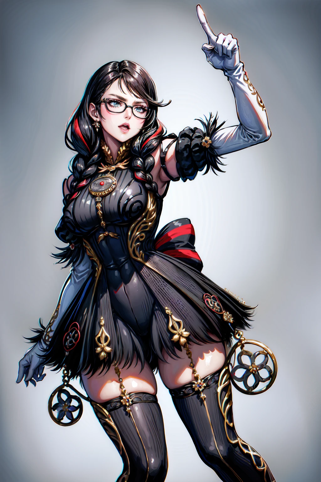 (masterpiece:1.4),(best quality:1.4),(absurdres:1.4),pin-up,bayonetta_3_twintail_aiwaifu,glasses,blue_eyes ,black_hair,long_hair,two-tone_hair,twintails,breasts,jewelry,earrings,gloves,mole_under_mouth,lips,large_breasts, Thick_thighs, curvy_hips, twin_braids,makeup,black-framed_eyewear,bodysuit,elbow_gloves,very_long_hair,lipstick,multicolored_hair,ribbon,amulet,hair_ribbon,dress,thighhighs,white_gloves,eyeshadow,bangs,clothing_cutout, (absurdres, highres, incredibly_absurdres:1.4),scenery,masterpiece,backwards, looking back