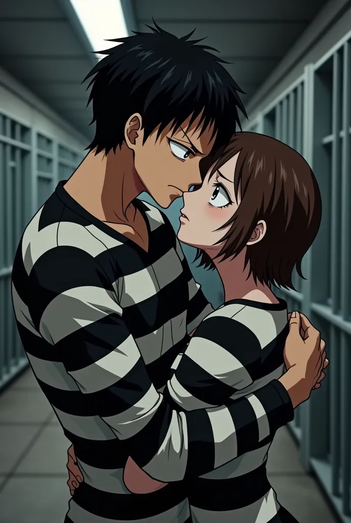 Police photo, Monkey D. Luffy in a black and white striped long sleeve prison uniform, Handsome guy, beautiful and delicate eyes, short black hair looking at the viewer wearing a black and white striped prison jumpsuit hugging with both arms, kissing a girl with short brown and black hair and beautiful light brown watery eyes dressed as Monkey D.. Luffy