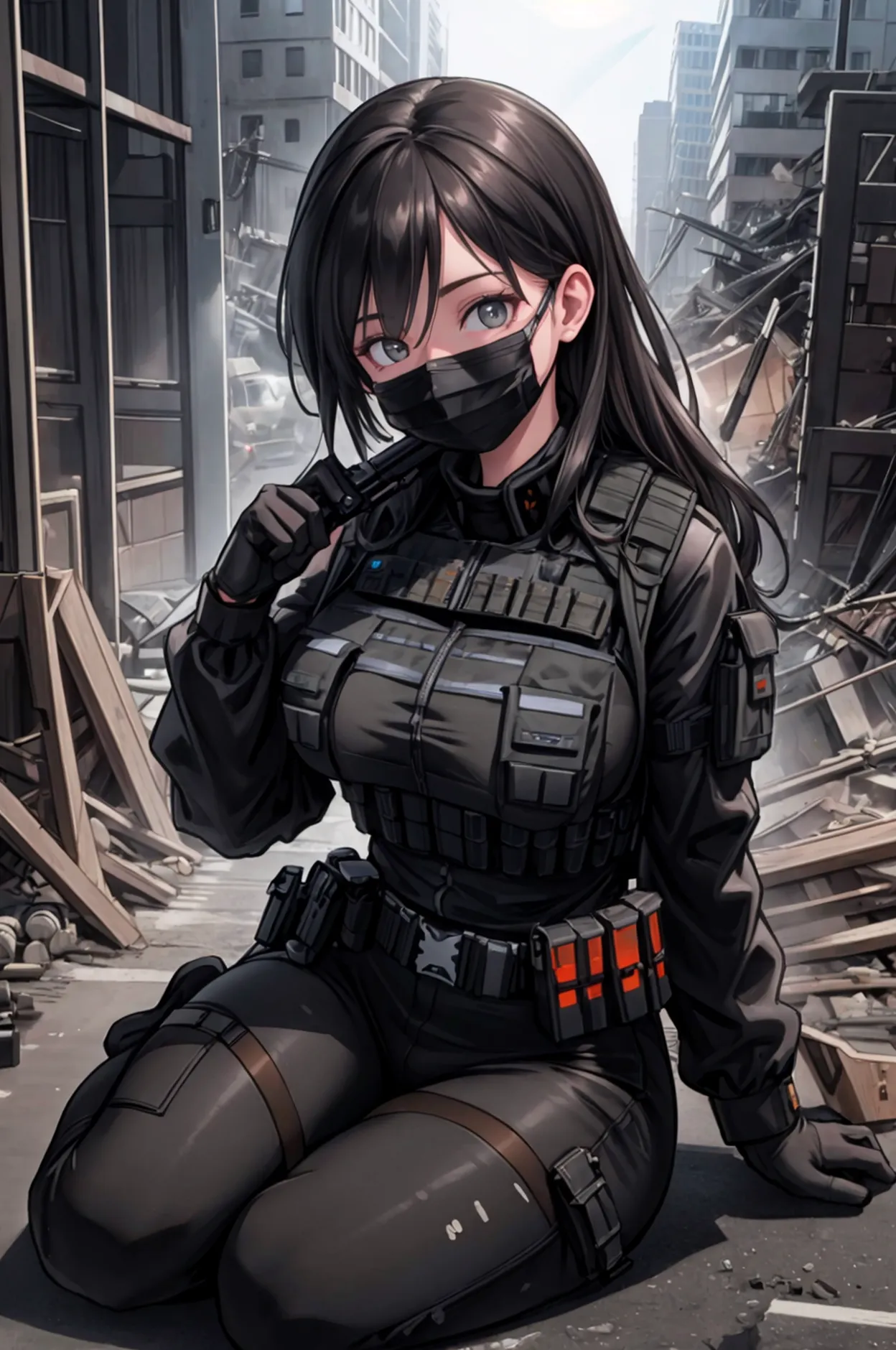 (best quality,8k,ultra detailed,realist,photorealist:1.2), beautiful girl,black mask,sitting,big breasts,orange bulletproof vest...