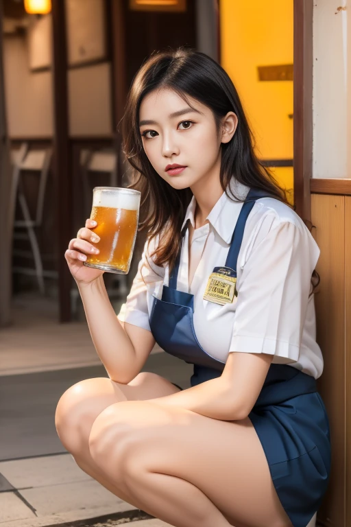 (Practical, photo-Practical, best quality, masterpiece), Intricate details, Extremely detailed, (Frontal photography, For the audience), Solitary, A Japanese character, (Half squat:1.5), (Dressed waitress, gout:1.3), (Huge breasts), Black Hair, Short Bob Hairstyle, Pale skin, Delicate face, Delicate eyes, Delicate nose, (Own, Excessive urination, urination:1.5), (Urine beer mug, Urine pit, Urine stains, ashamed:1.2),, Photo Background, indoors, Coffee Shop,