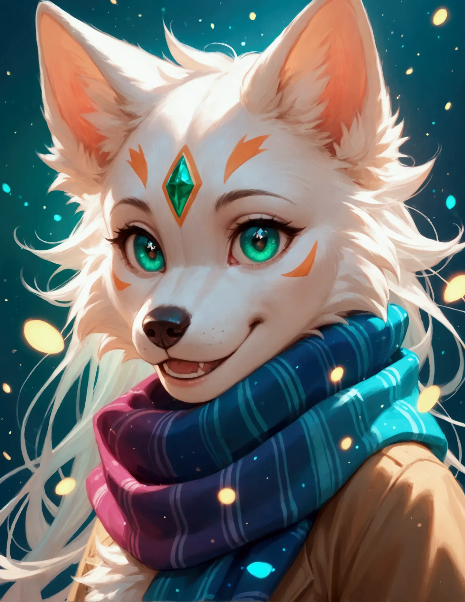 score_9, score_8_up, score_7_up, symmetrical, extreme face close-up, cute white wolf, giant emerald eyes, smiling at the viewer,...