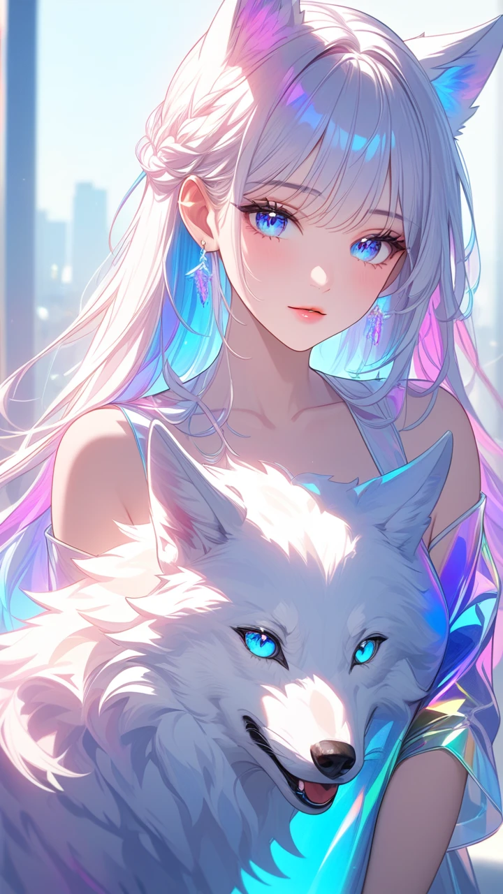 (Masterpiece, best quality:1.2), 1girl, detailed face, detailed skin, detailed eyes, detailed lips, transparentcolorvinylclothing, transparentcolorPVCclothing, chromaticaberration, prismatic, holographic, hugging white wolf 