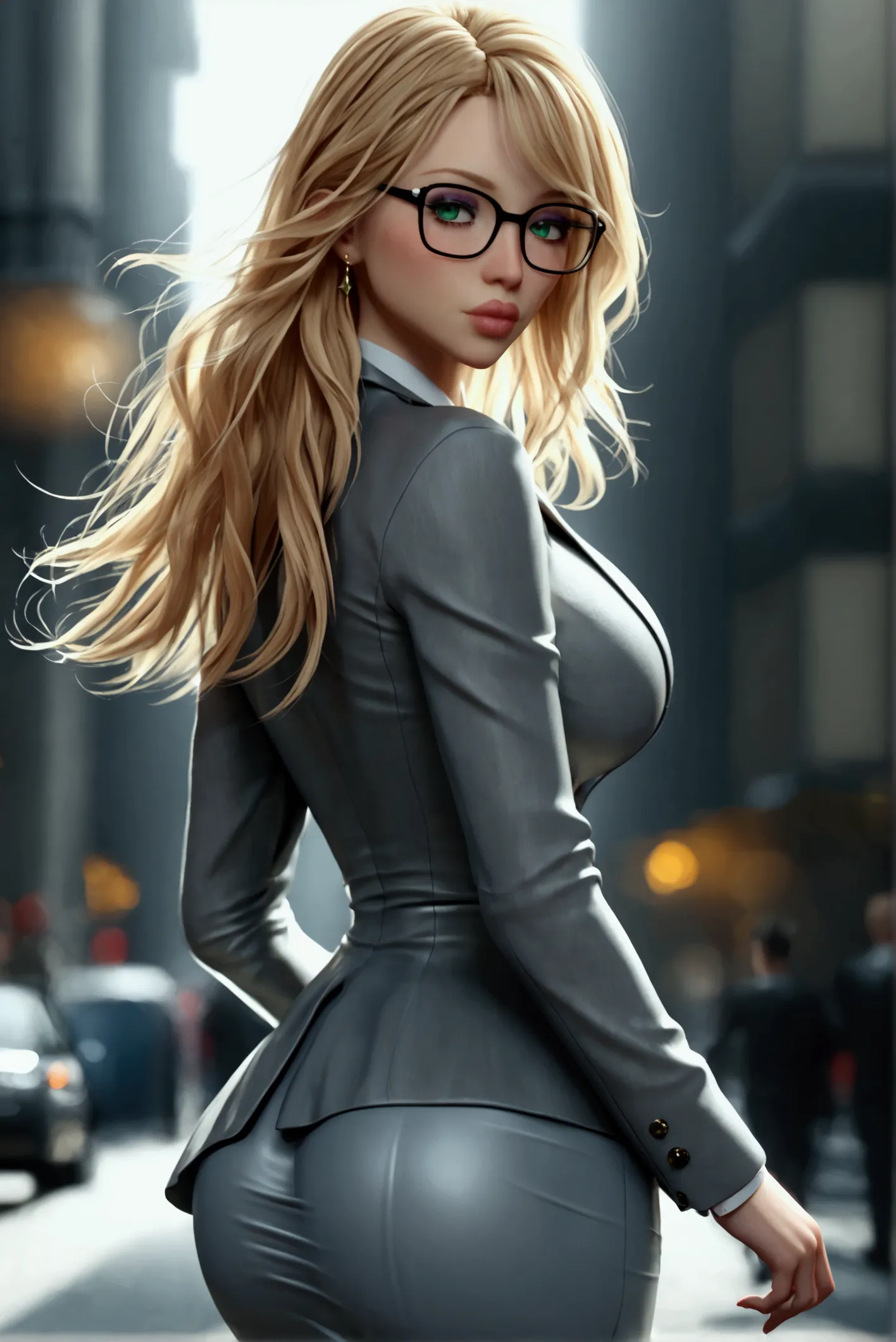 sexy woman,slim,(huge breasts)(busty)(huge legs)(wide hips and small waist)(huge ass)he wears a formal grey jacket with a white ...