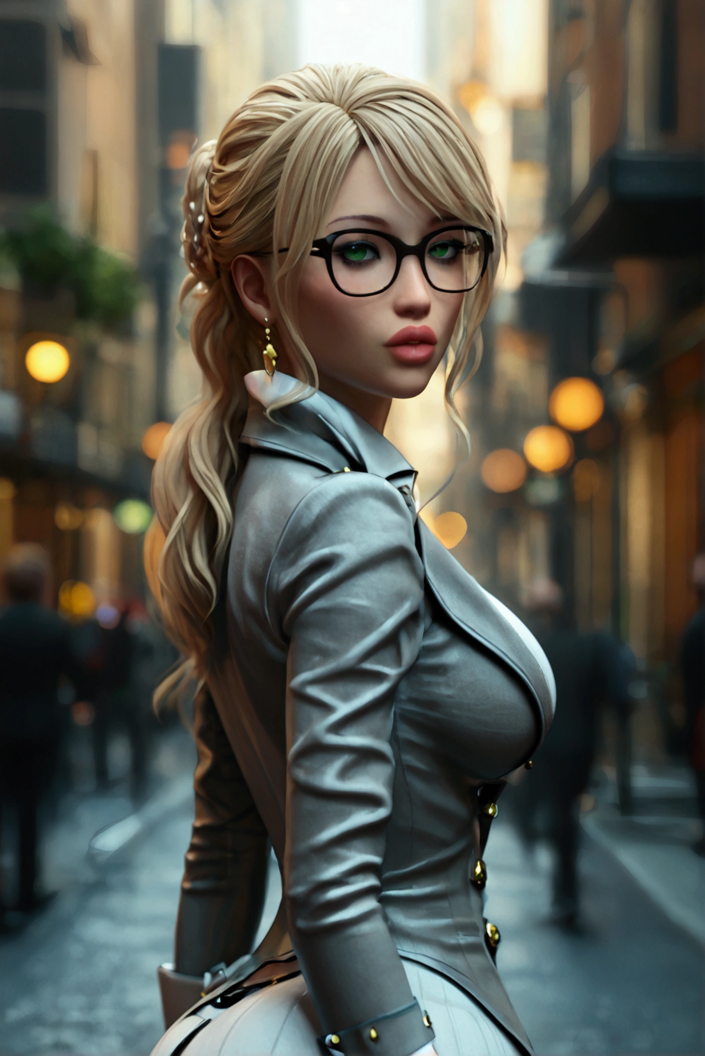 sexy woman,slim,(huge breasts)(busty)(huge legs)(Wide hips and small waist)(huge ass)He wears a formal grey jacket with a white shirt,and a short grey skirt,her outfit is very tight on her,She has medium blonde hair,very striking green eyes, glasses.She is walking through a city (hyper realistic background)(very detailed background)(Woman with her back to the bed and posing)(Look at the camera)(Her ass is in close-up in front of the camera)(perfect and sexy curves)(Daytime city background)(anime style woman)