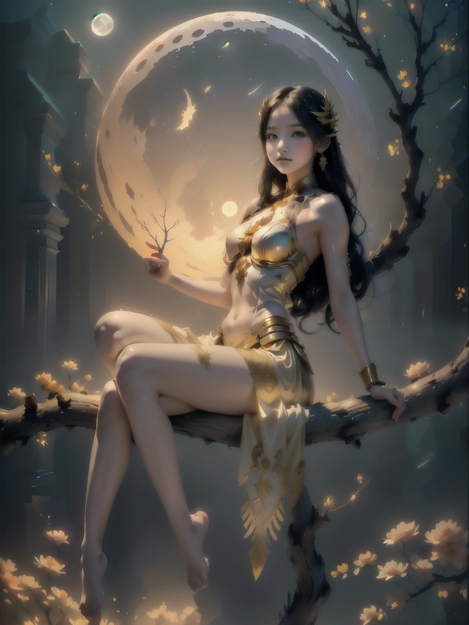 arafed woman sitting on a tree branch in front of a full moon, beautiful fantasy maiden, beautiful fantasy art, very beautiful fantasy art, beautiful maiden, beautiful art uhd 4 k, karol bak uhd, beautiful digital artwork, 4k fantasy art, fantasy art style, 8k stunning artwork, beautiful gorgeous digital art, beautiful digital art, fantasy woman,  (tan, muscular, , petite, child, , toddlers, chibi, sd character:1.1)