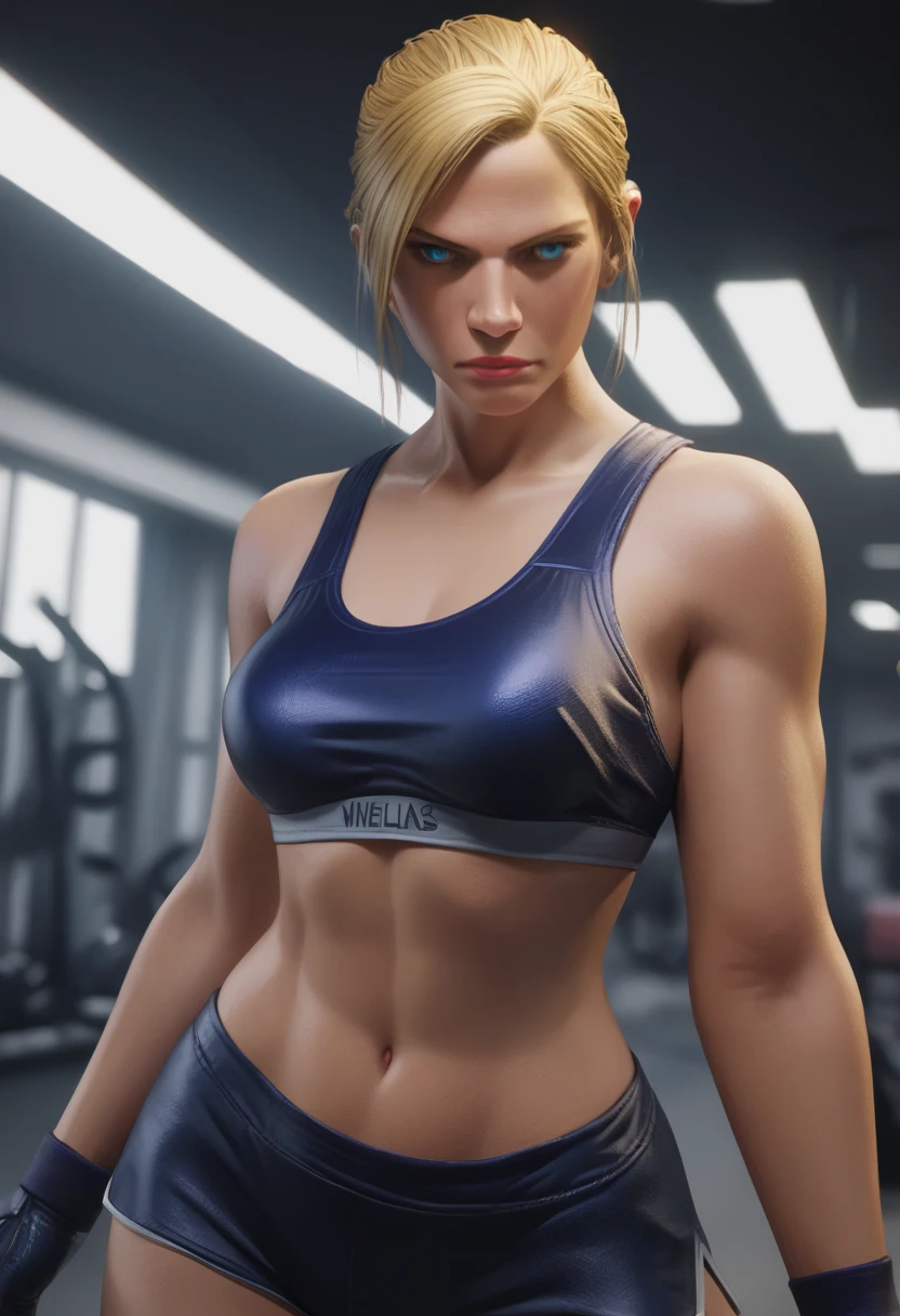 Nina williams a beautiful woman with short blonde hair, striking blue eyes, high cheekbones, and a strong jawline, wearing a sleek gym outfit, with a confident and determined expression, highly detailed, realistic, cinematic lighting, photorealistic, 8k, masterpiece, portrait, sports bra and high waisted shorts, medium breasts, 