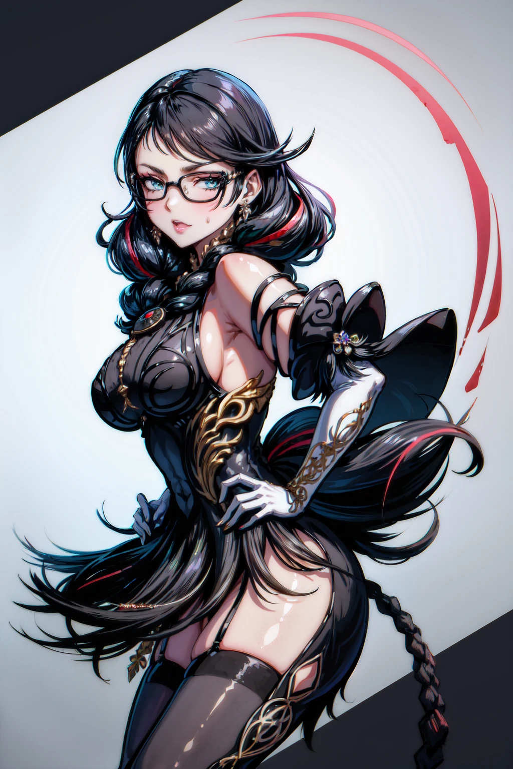 (masterpiece:1.4),(best quality:1.4),(absurdres:1.4),pin-up,bayonetta_3_twintail_aiwaifu,glasses,blue_eyes ,black_hair,long_hair,two-tone_hair,twintails,breasts,jewelry,earrings,gloves,mole_under_mouth,lips,large_breasts, Thick_thighs, curvy_hips, twin_braids,makeup,black-framed_eyewear,bodysuit,elbow_gloves,very_long_hair,lipstick,multicolored_hair,ribbon,amulet,hair_ribbon,dress,thighhighs,white_gloves,eyeshadow,bangs,clothing_cutout, (absurdres, highres, incredibly_absurdres:1.4),scenery,masterpiece,backwards, looking back