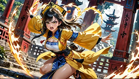 a beautiful young taoist priestess, yellow taoist robe, black bagua pattern, magical spells, shikigami attack, angry expression,...