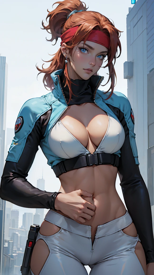 ((Masterpiece, highest quality; 1.3)), super quality, beautiful detail, super detailed, extra fine, 16K, exquisite, absurd, high resolution, beautiful background, detailed background, beautiful eyes, beautiful skin, anime style, Kay from Dirty Pair in a white outfit, tight outfit, cleavage, bushy redhead beauty, very light blue uniform, wearing tight clothes, skimpy, (mid chest: 1.2), cleavage, cleavage, slim waist , thin waist, slim thighs, thin legs, slim legs. thigh gap, showing stomach, skinny, thin hips, cyberpunk city background, holding retro space gun , headband, 