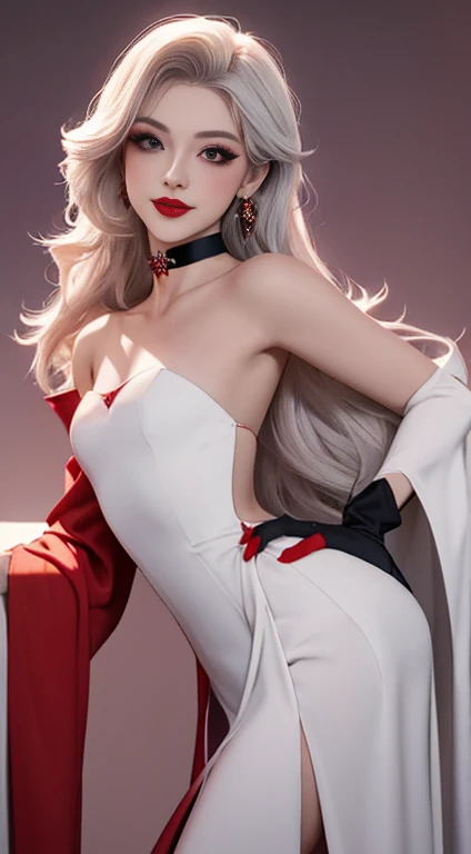 Rosalina, tails, redgown, long robe, Strapless dress, backless dress, long white elbow gloves, ssmile, light red lipstick, dark purple eyeshadow, make up, black choker, cowboy shot