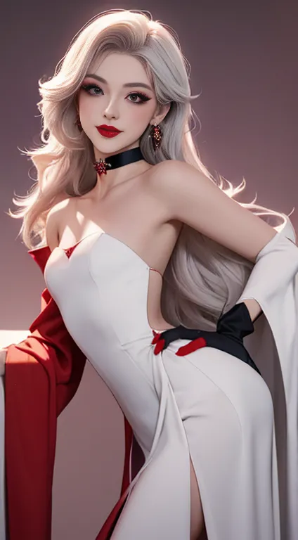 rosalina, tails, redgown, long robe, strapless dress, backless dress, long white elbow gloves, ssmile, light red lipstick, dark ...