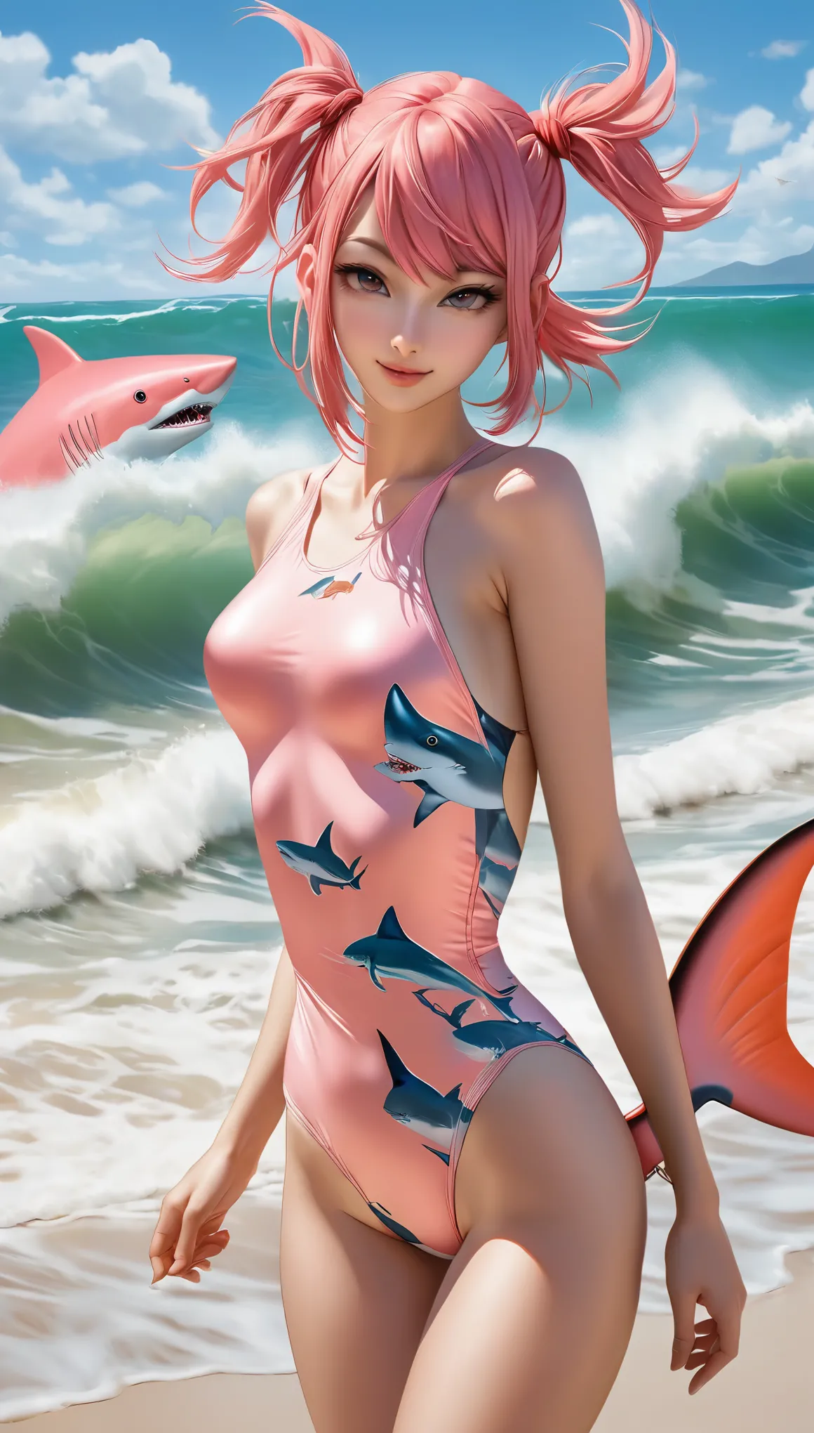 ((RAW photo), absurd, (absurdresolution)), photo of very attractive girl, ((Japanese anime, as in the dynamism of American cartoons)), beautiful white girl, ((seductive look, sharp pupil, detailed, realistic)), slim fit girl, (one-piece swimsuit, daring, with shark print) (salmon pink hair, straight, long tied in two tails), (sexy look), ((daring dynamic pose and looking at the viewer)), ((fixed gaze, slightly smiling, attentive)), (background: beach, sand, sunrise), (Full shot). «SunPuma S»