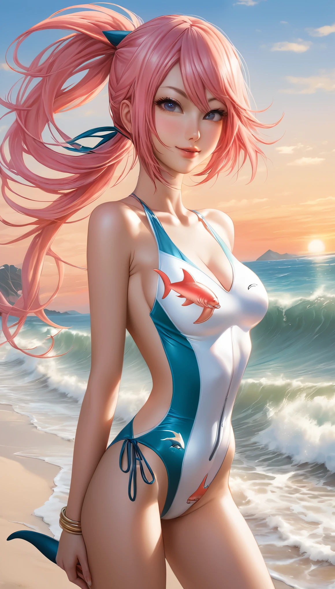 ((RAW photo), absurd, (absurdresolution)), photo of very attractive girl, ((Japanese anime, as in the dynamism of American cartoons)), beautiful white girl, ((seductive look, sharp pupil, detailed, realistic)), slim fit girl, (one-piece swimsuit, daring, with shark print) (salmon pink hair, straight, long tied in two tails), (sexy look), ((daring dynamic pose and looking at the viewer)), ((fixed gaze, slightly smiling, attentive)), (background: beach, sand, sunrise), (Full shot). «SunPuma S»