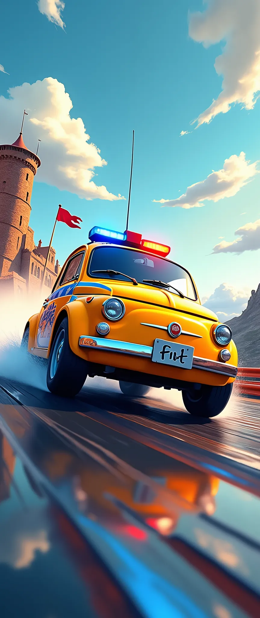 (masterpiece:1.2,Superior Quality,mirror-like,Cinematic Experience,Best illustrations,Super detailed),8k,wallpaper,(Box art design for radio-controlled cars:2.0),(A radio-controlled Fiat 500 police car in police colors:2.0),(Radio controlled antenna:2.0),(Comical design:2.0),(Racing around a radio-controlled car circuit:2.0),(dynamicな走り:2.0),(dynamic:2.0)