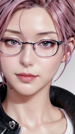 Close-up of a woman with pink hair wearing glasses, artwork in Guvez style, Guvez, kawaii realistic portrait, inspired by Seihiko-kun, glowing pink face, pink girl, beautiful anime portrait of female model's upper body from her head to her hips, pink glasses, glowing pink eyes, realistic anime 3 D style, Yanjuncheng, realistic anime art style, ((pink)8k