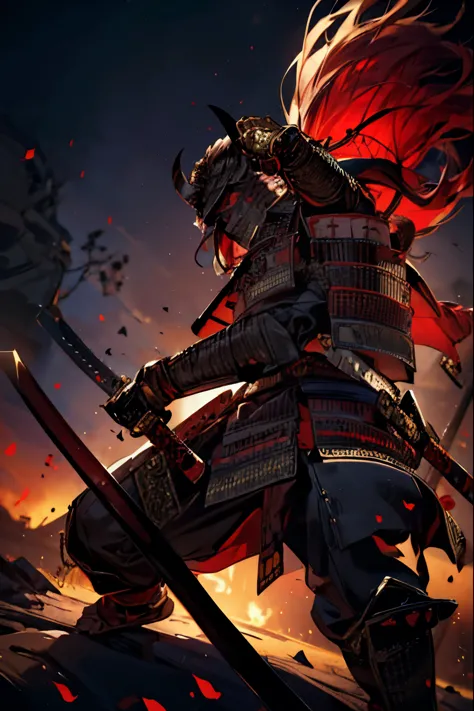 1boy, male, masterpiece, best quality, intricate details, samurai armor, samurai helmet, red hair, yellow eyes, highly detailed,...