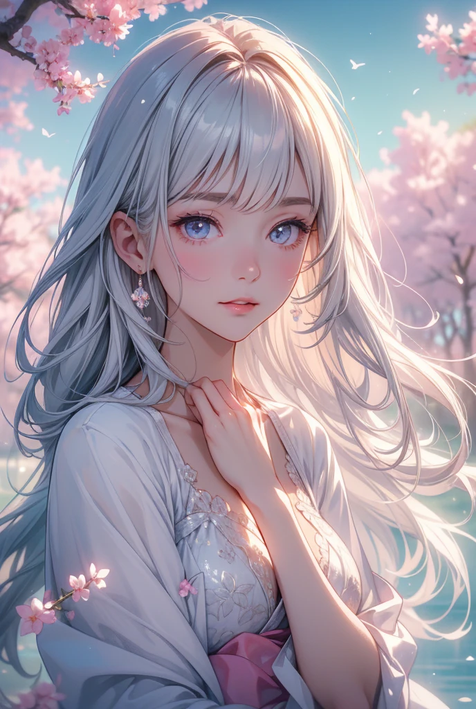 (best quality:1.5), (ultra-detailed:1.5), (()), ((best quality)), (high resolution), (illustration), (an extremely delicate and beautiful), (ultra detailed beautiful face and eyes), 1girl, leaning forward sharp focus, ray tracing, 1girl, silky hair, multicolored hair, White hair(inner color Cherry blossom ), pale white kimono, japanese kimono, background(sakura tree, day light), eye color(White pink, high definition, inner eye sakura),volumetric lightning, Feet, Chest emphasis, Toes, Full body picture looking_down, (score_9:1.2), (score_8_up:1.2), (score_7_up:1.2),独奏,Perfect anatomy,(one cute girl:1.3),(Line art:1.3),(Soft atmosphere:1.3),perfect anatomy,(A soft anime-style image capturing a delicate and ephemeral atmosphere),Enhance the anime screencap by adding a watercolor background, further elevating the dreamy and ethereal aesthetic. This scene, now rendered in 16k wallpaper resolution, merges the delicate beauty of the girl with pale skin and white hair with a soft, lush watercolor landscape. The big, intricately designed dress and her captivating eyes are set against a backdrop that mimics the fluid, blending colors of a watercolor painting, adding a layer of artistic depth and emotion. The perspective from above at a dutch angle, combined with the watercolor effect, creates a composition that feels like a floating, dream-like world, glowing aura around her are now part of a canvas that blends reality with imagination, inviting the viewer to step into a tranquil world of soft hues and poetic beauty, all encapsulated within a serene, watercolor dream,BREAK,(best quality:1.3),(best masterpiece:1.3),(very aesthetic:1.2),(absurdres:1.2),newest,(intricate details:1.2),ai-generated,absurdres extremely detailed CG,depth of field,dynamic angle,dynamic pose,high resolution,smile、laughing、Looking up、Spread your hands