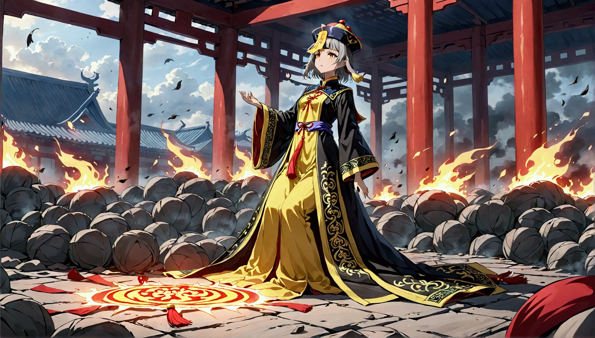 In the aftermath of the battle, the jiangshi lies defeated on the ground, with a glowing talisman placed firmly on its forehead, sealing its movements. Dressed in her yellow and black Bagua-patterned Taoist robe, the beautiful young priestess stands victorious. The spiritual energy around the fallen jiangshi fades away as it lies motionless. The priestess gazes calmly at the scene, while the first light of dawn begins to break through the sky, signaling the end of the battle.