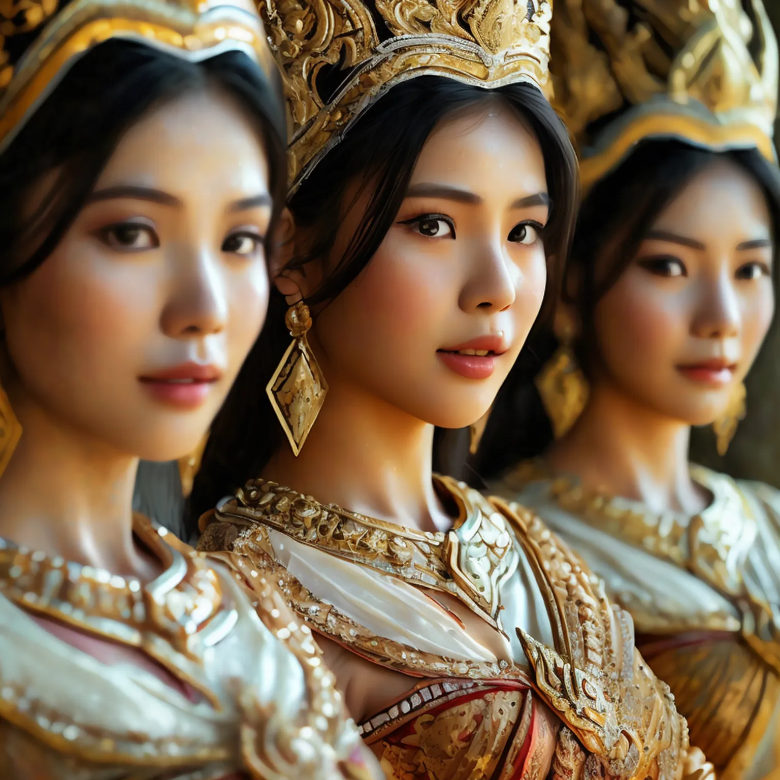 (three women), realistic details, sharp picture, thai girl dressed in the style of the ancient ayutthaya kingdom, beautiful, ((s...