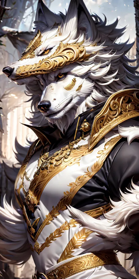 best quality, masterpiece,white wolf, gold eyes,white clothes, looking up, detailed fur, royal white clothes, menacing pose, 8k,...