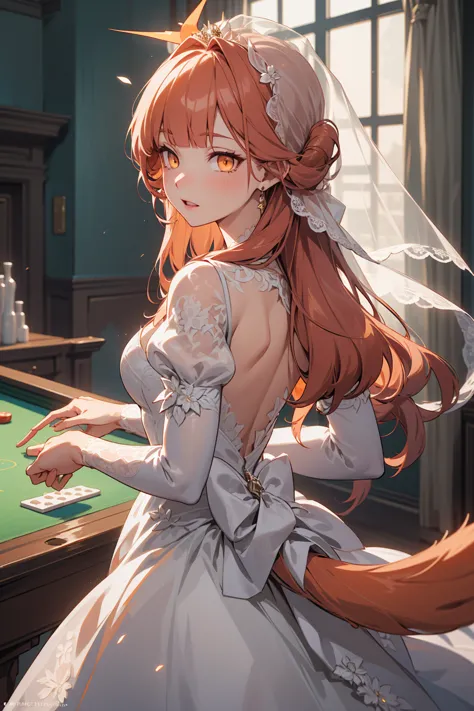 got it, hello, horn, long hair, (orange eyes:1.5), pink hair, bangs, blunt bangs,
break (pure white wedding dress,veil ,lace sle...