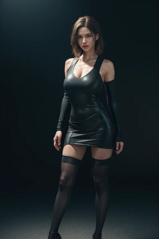 Real Photo, High resolution（High Dynamic Range), Beautiful Cyberpunk Female Figure, Carbon Fiber Battle Dress,Sexy Dress, Large Breasts, Dynamic Action, Ray Tracing, Scattered beneath the surface, PBR Textures, Post-processing, Anisotropic Filtering, Depth of written boundary, Maximum clarity and sharpness, Multilayer Texture, Albedo and Specular Maps, Surface Shading, Octane Rendering for Accurate Simulation of Light and Material Interactions, Two-color light, Three-part method, 8K raw data, Black Stockings, Powerful pose, Decided, Fascinating