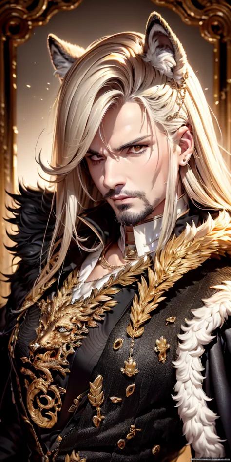 best quality, masterpiece, formal a portrait of white wolf, gold eyes,white clothes, royal clothes, menacing, detailed fur, 8k, ...