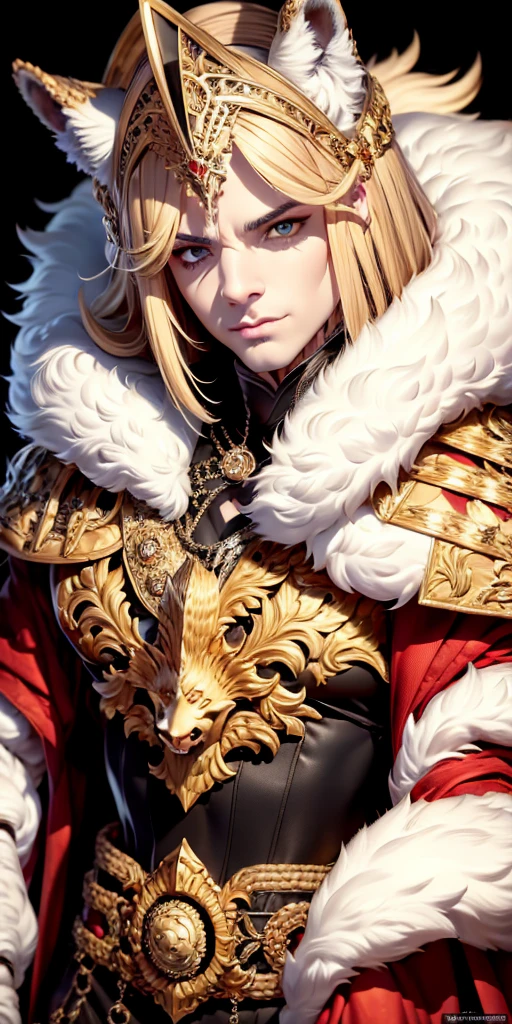 best quality, masterpiece, a portrait of white wolf, gold eyes,white clothes, royal clothes, menacing, detailed fur, 8k, hd, highlight, black background,