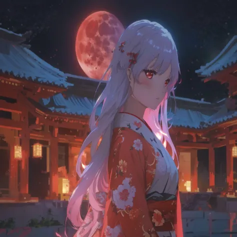 an anime girl in a red kimono stands in front of a red moon, anime style 4 k, anime wallpaper 4k, anime wallpaper 4k, anime art ...