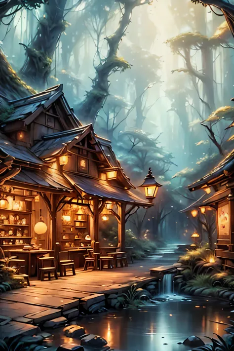 best quality, masterpiece, very detailed, fairy coffee shop, fairy drinking coffee, fantasy art style, mori no coffee shop, nigh...