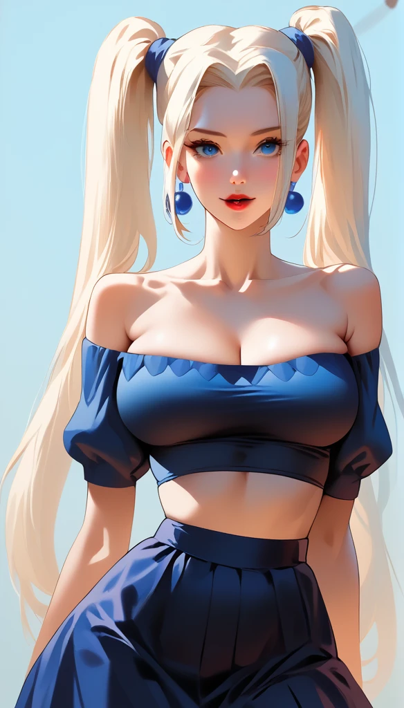  Hot beautiful cute mei ,red lipstick,big long bead earrings, saggy breasts  ,  white  long hair ,blue eyes, detailed eyes, wearing off shoulder crop top,mini skirt,  High Resolution, Masterpiece, Accurate, Anatomically Correct, Best Quality, Detail, High Details, HD, High Quality, Super Detailed, UHD,detailed lips, Twintails, 