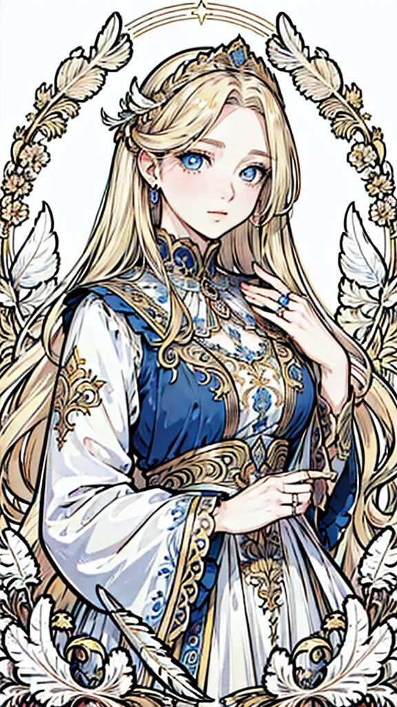 4k quality:1.2,Very beautiful illustration:1.2,Seraph,((6 white feathers)),blonde,Long Hairstyles,Angel Ring,null,Beautiful cobalt blue eyes