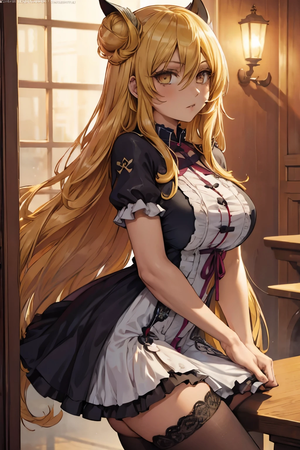 ((haut du personnage)), (((vue de profil))), gros seins, jambes grasses, ((perfect eyes)), (extremely fine and beautiful:1.1), (perfect details:1.1), (finely detailed eyes and detailed face:1.3), ((Mukuro Hoshimiya)), date a live, (beautiful detailed eyes:1.6), street, yellow eyes, very long hair, blonde hair, double bun, hair between eyes, (mukuro hoshimiya dress), pantyhose gris, solo, 1 girl