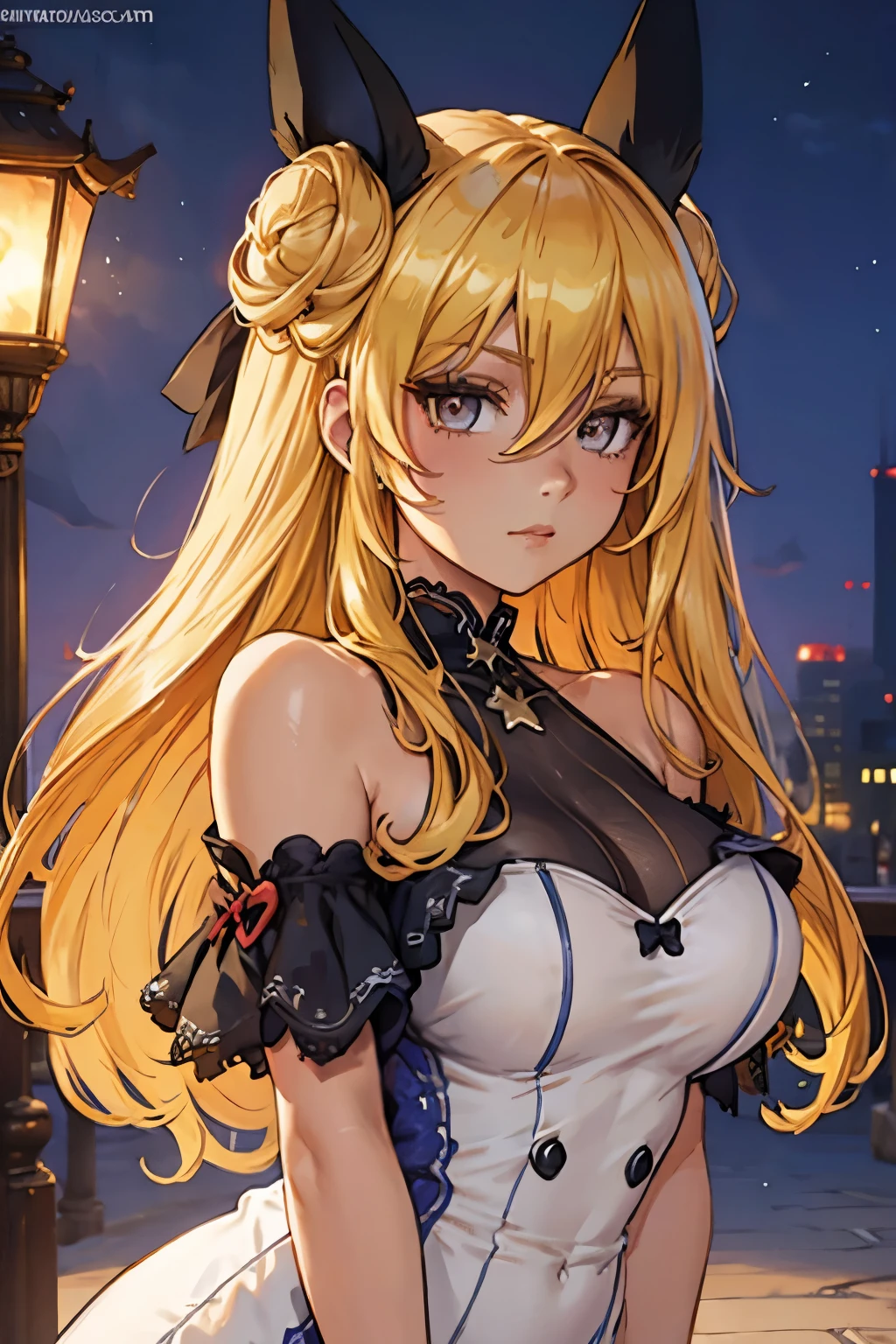 ((haut du personnage)), gros seins, ((portrait)), ((perfect eyes)), (extremely fine and beautiful:1.1), (perfect details:1.1), (finely detailed eyes and detailed face:1.3), ((Mukuro Hoshimiya)), date a live, (beautiful detailed eyes:1.6), street, yellow eyes, very long hair, blonde hair, double bun, hair between eyes, (mukuro hoshimiya dress), solo, 1 girl