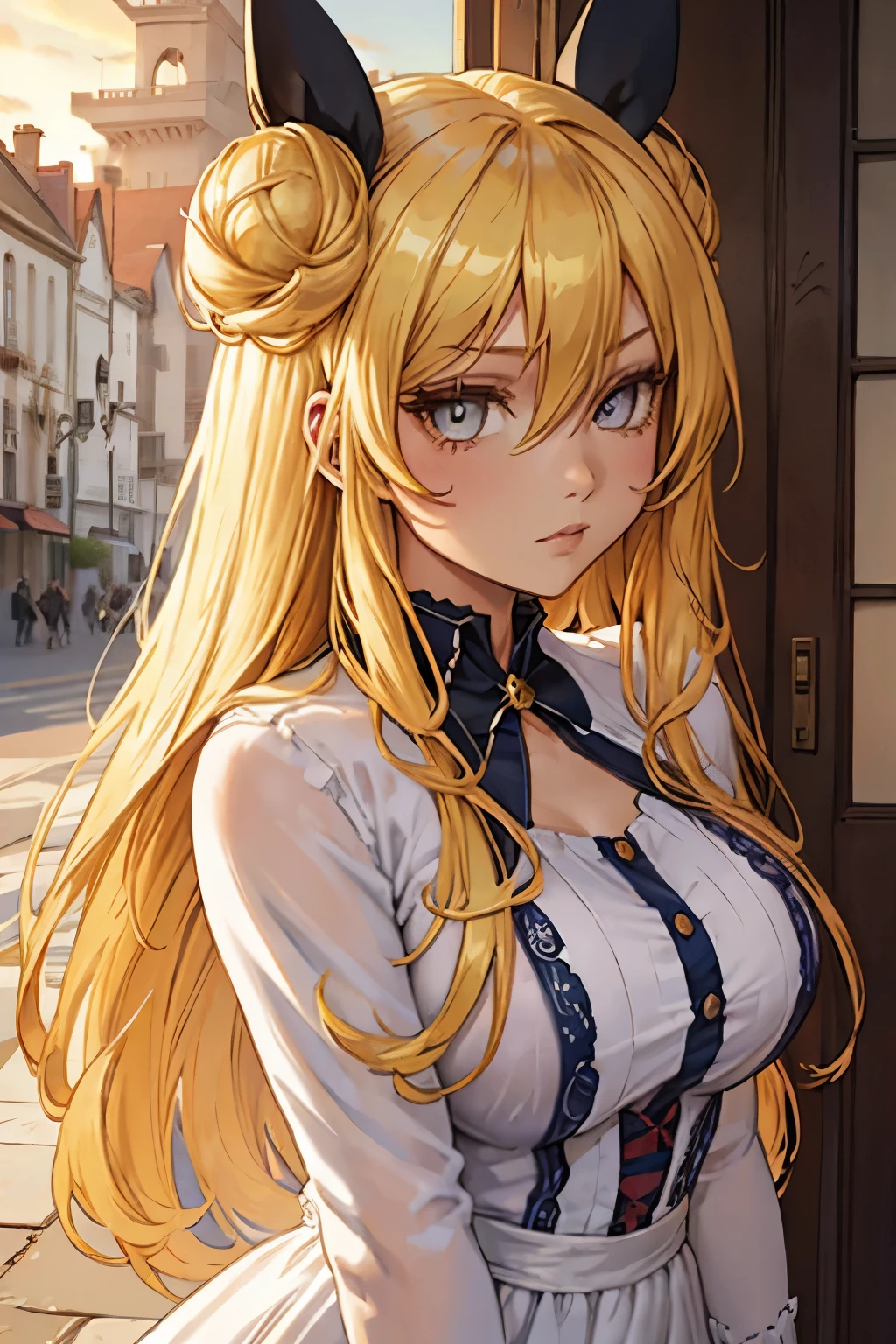 ((haut du personnage)), gros seins, ((portrait)), ((perfect eyes)), (extremely fine and beautiful:1.1), (perfect details:1.1), (finely detailed eyes and detailed face:1.3), ((Mukuro Hoshimiya)), date a live, (beautiful detailed eyes:1.6), street, yellow eyes, very long hair, blonde hair, double bun, hair between eyes, (mukuro hoshimiya dress), solo, 1 girl