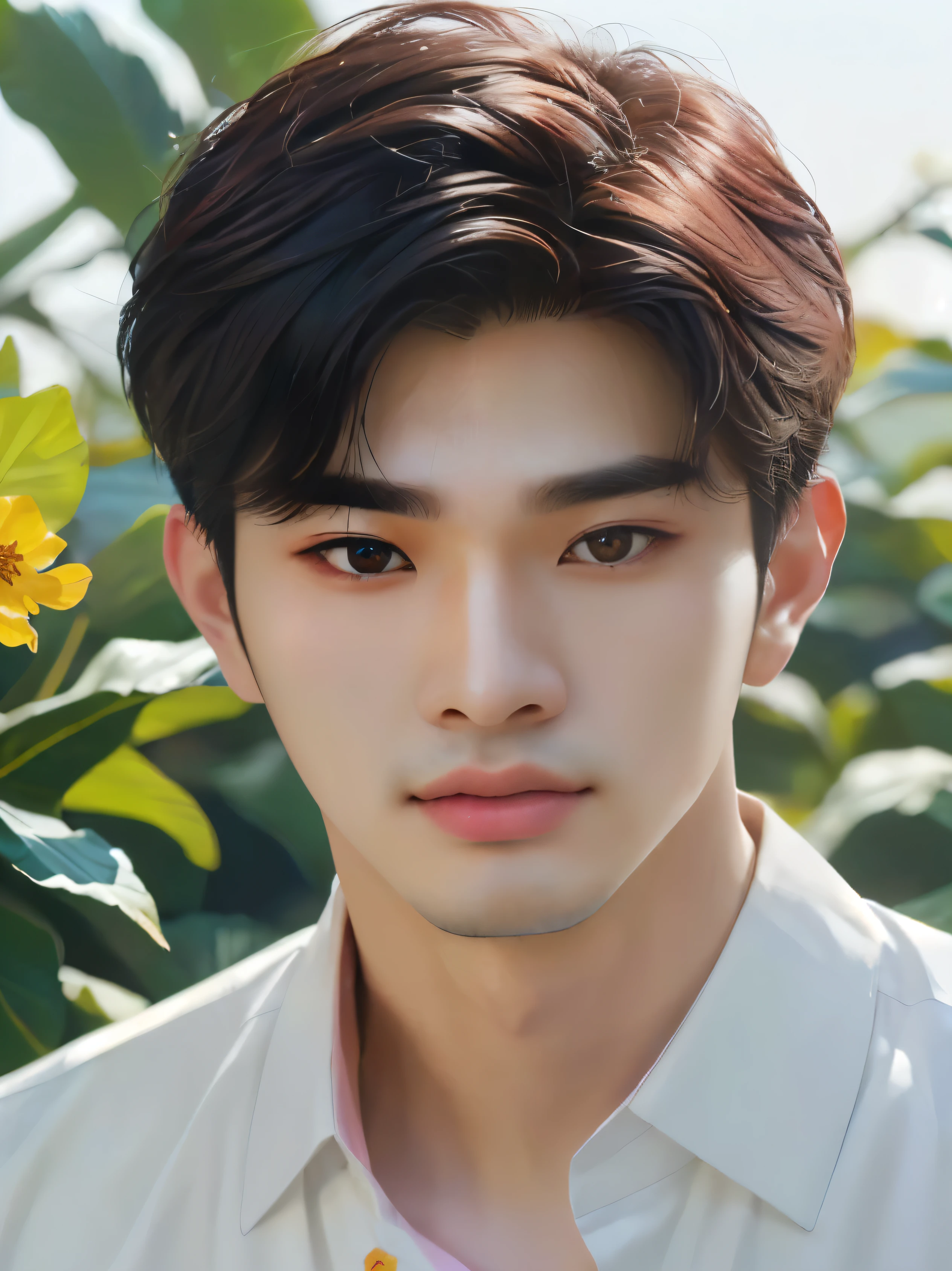 A handsome young man wearing a pink shirt with flower and leaf patterns., Kim Doyoung, Jinyoung Shin, Inspired by Bian Shoumin, Inspiration from Zhang Han, Jinyoung Shin aesthetic, Hyungtae, Korean artist, Inspired by Kim Myong Kook, Yanjun Chengt, Bad Ulzzang, Inspiration from Huang Gongguang, Inspired by Kim Hwan-gi