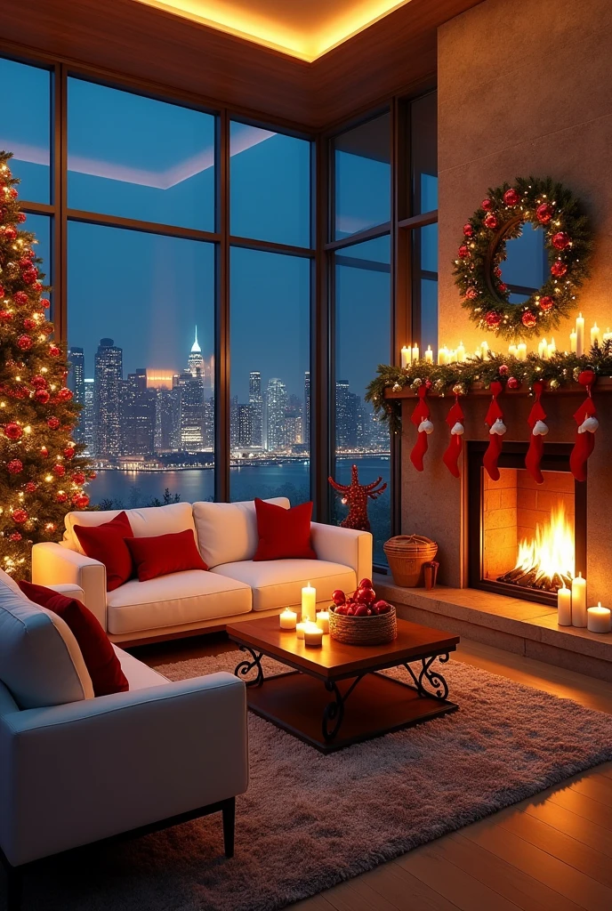 A luxurious and modern Christmas-themed living room with large windows overlooking a city at night. The room features plush white sofas, a fireplace with stockings and garlands, and a Christmas tree with red and gold ornaments. Candles, festive lights, and cozy decor create a warm, holiday atmosphere. Size image 16:9